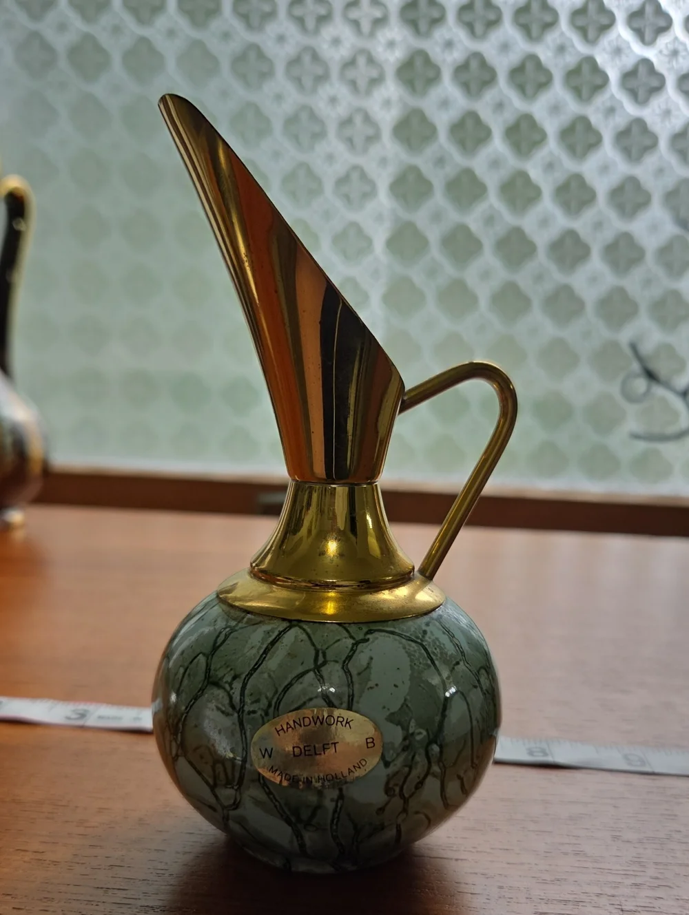 Vintage Old Dutch Delft Handle in Holland Blue-Green Ceramic P with Brass Accent